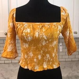 New BP Claudia Sulewski Crop Top Womens S Mustard Yellow Floral Smocked Boho
